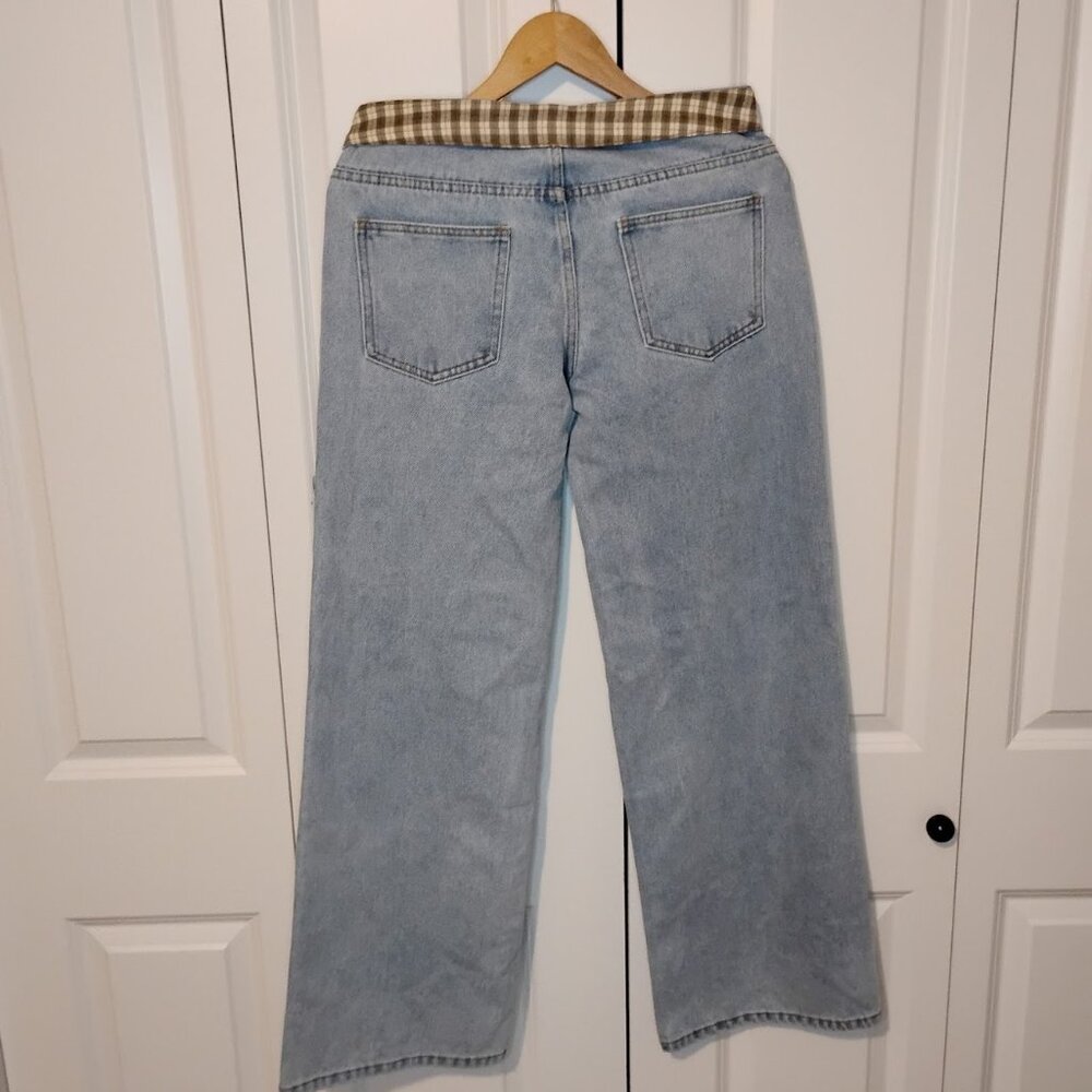 Edikted Women's Light Blue Peekaboo Plaid Low Rise Straight Leg Jeans Size S - Picture 3 of 4